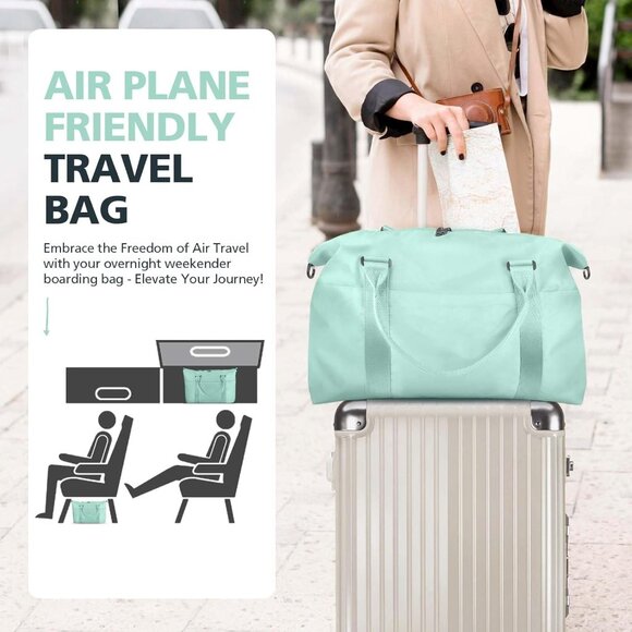 Women Men Cyan Waterproof Carry On Tote Travel Duffle Bag with Trolley Sleeve - Picture 2 of 7